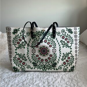 Tory Burch White and Green Floral Tote